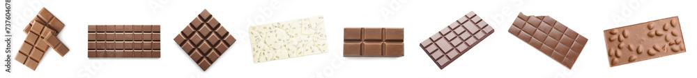 Set of different sweet chocolate bars on white background