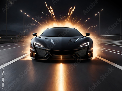 Blazing Speed: black racing supercar ignites the night highway with flames. Sports car on fire © Gaston
