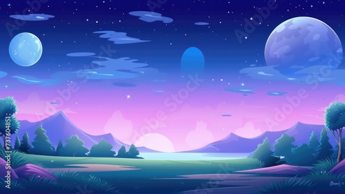 cartoon landscape under a starry night sky with lush greenery and distant mountains © chesleatsz