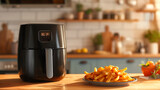 Air fryer with kitchen backdrop, pair with a plate of air-fried french fries