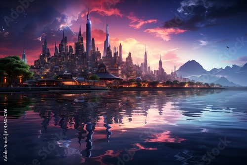 a futuristic city is reflected in the water at sunset