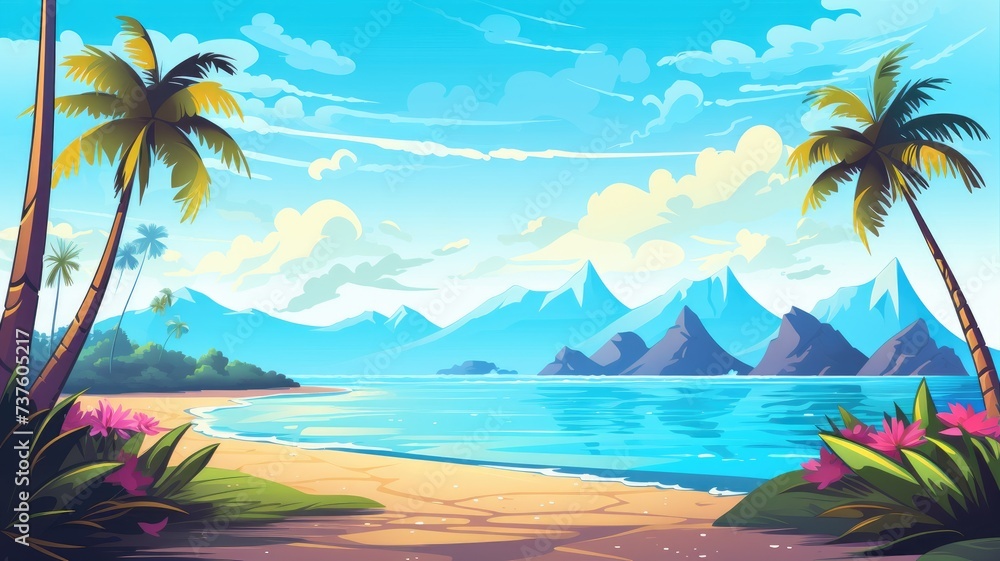 cartoon illustration Summer tropical beach with mountains and islands.