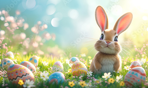 Easter bunny and easter eggs in green grass with flowers. photo