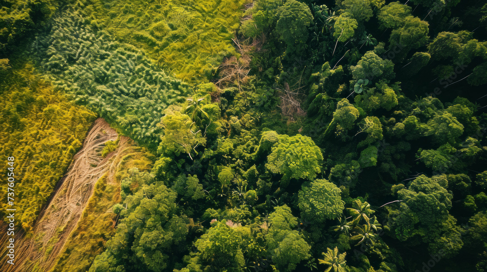 A contrasting image displaying the harsh reality of deforestation, with a stark path cut through the center of a lush, dense rainforest.