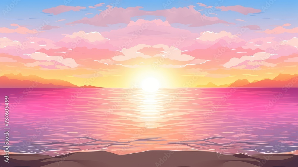 cartoon illustration Sunset or sunrise on the beach landscape with beautiful pink sky and sun reflection