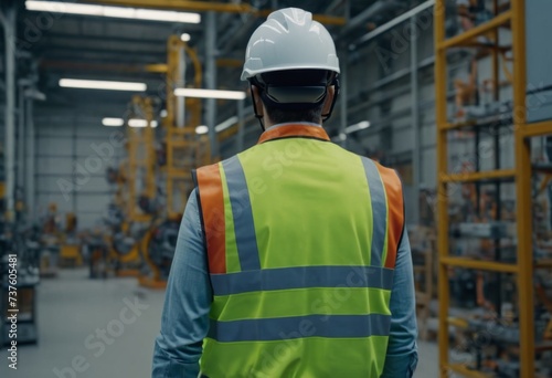 A man wearing a reflective vest and safety helmet at a factory