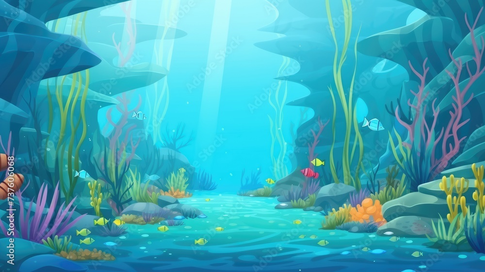 cartoon vibrant underwater scene with colorful corals, seaweed, and fish