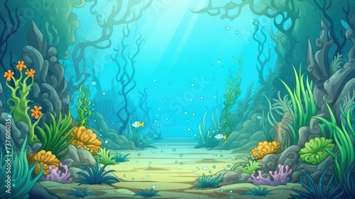 cartoon vibrant underwater scene with colorful corals, seaweed, and fish © chesleatsz