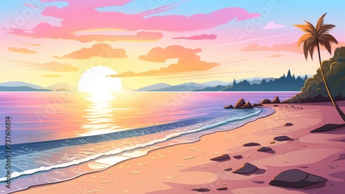 cartoon illustrator View on the beach at sunrise #737606814