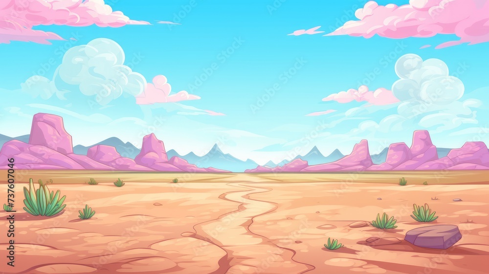 cartoon desert landscape with rocky formations, a clear sky, and sparse vegetation