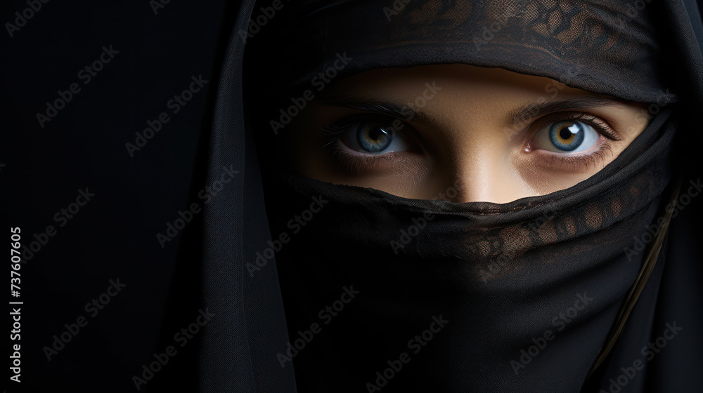 Portrait of an arabic young woman with her beautiful blue eyes in traditional islamic cloth niqab Portrait of an arabic young woman with her beautiful blue eyes in traditional islamic cloth niqab