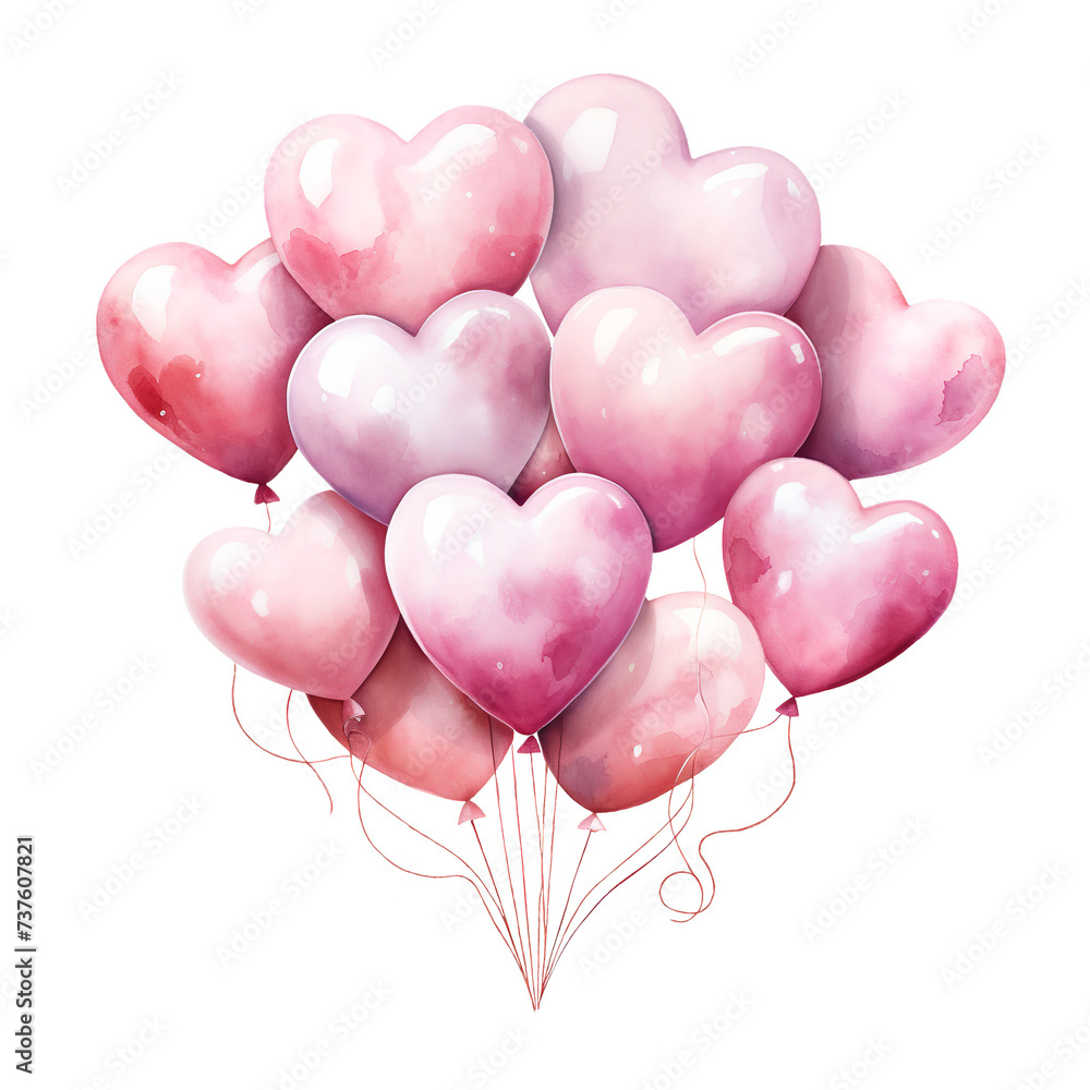 Pink Heart Balloons Watercolor Illustration