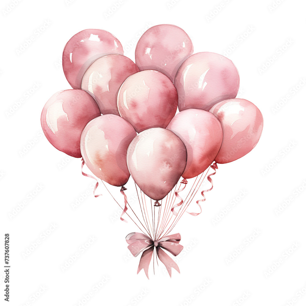 Pink Balloons with Bow Watercolor Illustration