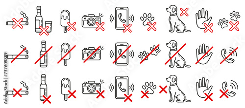 Prohibition shop sign, no dog animal allowed, smoking, forbidden pet entry, food or drink, do not use mobile phone for call, photo camera line icon set. Cigarette, alcohol, touch with hand ban. Vector photo