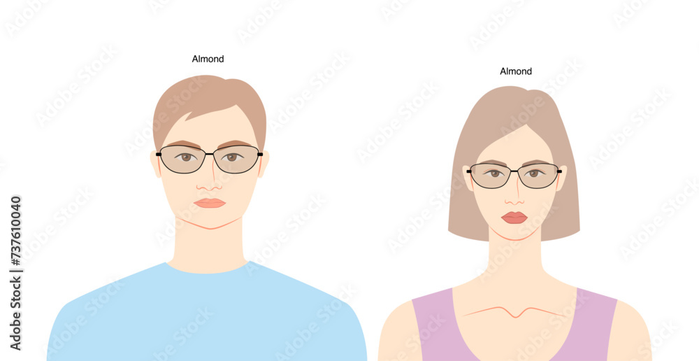 Almond frame glasses on women and men flat character fashion accessory illustration. Sunglass front view unisex silhouette style, rim spectacles eyeglasses with lens sketch outline isolated on white Almond frame glasses on women and men flat character fashion accessory illustration. Sunglass front view unisex silhouette style, rim spectacles eyeglasses with lens sketch outline isolated on white