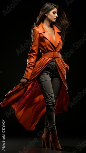 Woman in Orange Coat and Black Pants