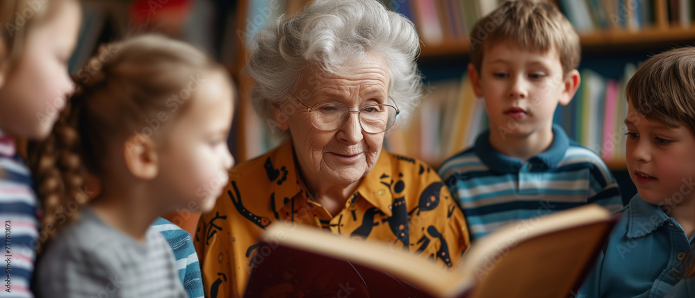 Fototapeta premium wisdom shared: senior reads to a group of children