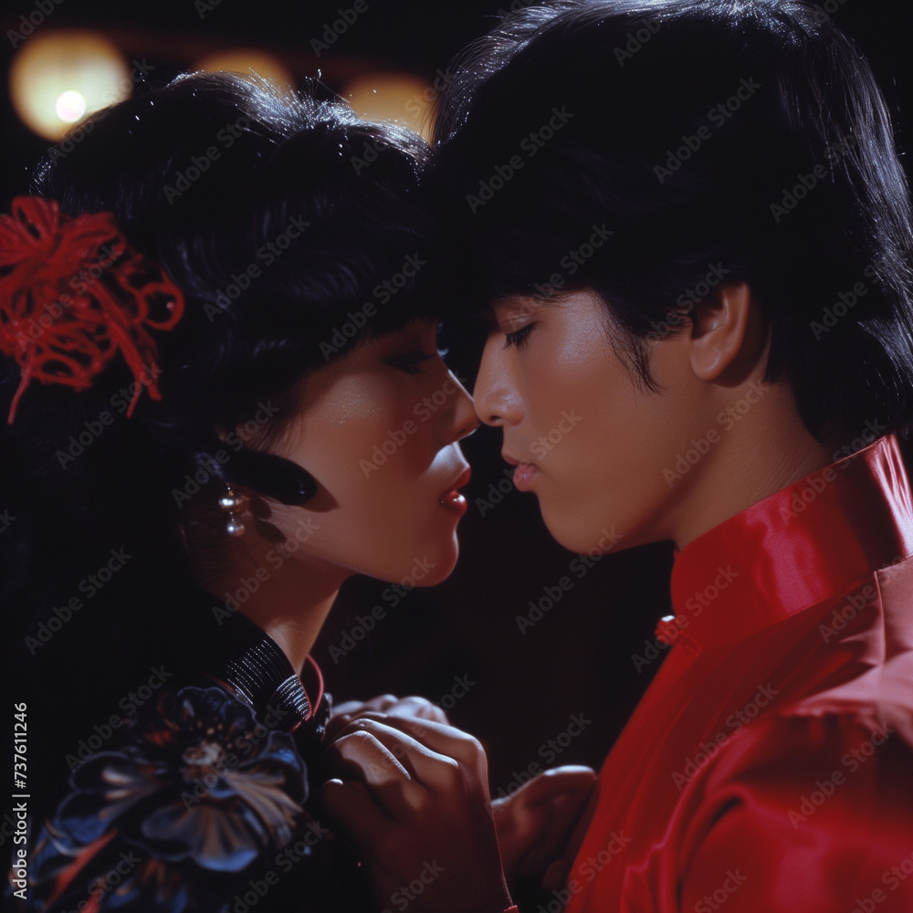 A scene reminiscent of the 1970s featuring a male martial artist and his female companion standing lovingly face to face A scene reminiscent of the 1970s featuring a male martial artist and his female companion standing lovingly face to face