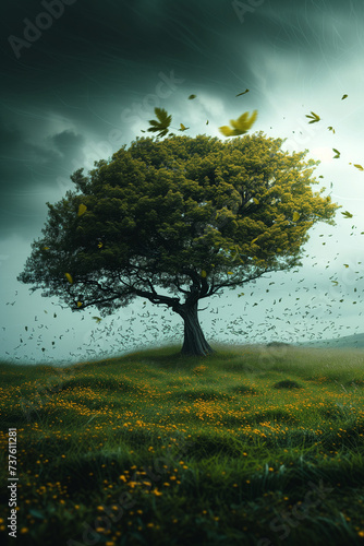 a solitary tree with leaves swirling in the wind as a storm approaches
