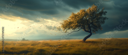 a solitary tree with leaves swirling in the wind as a storm approaches