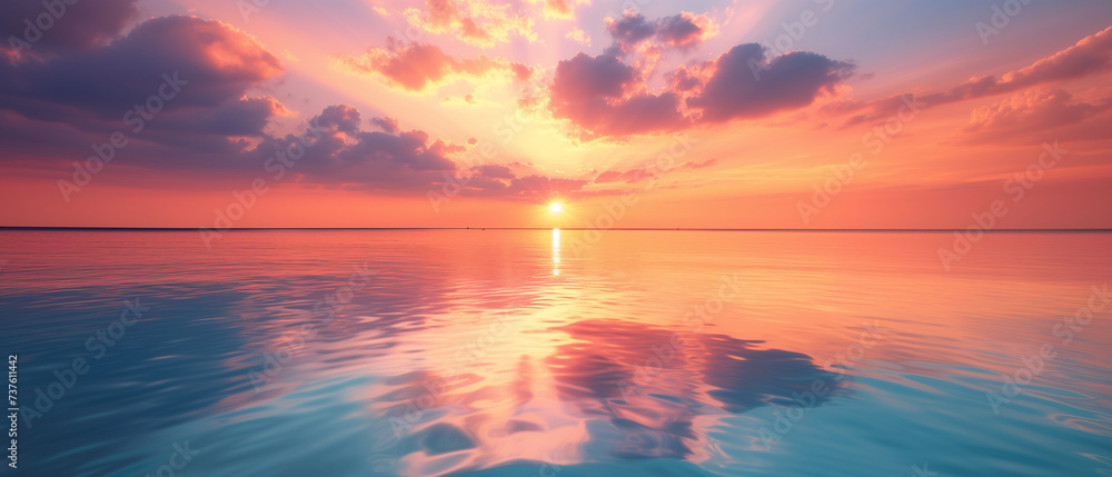 a serene sunrise over a calm ocean, with hues of orange and pink reflecting on the tranquil water