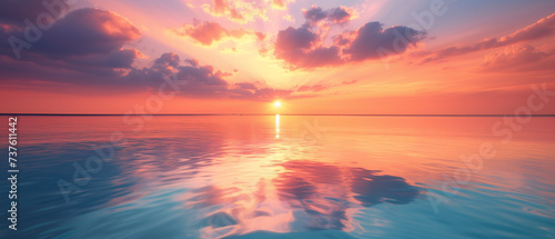 a serene sunrise over a calm ocean, with hues of orange and pink reflecting on the tranquil water