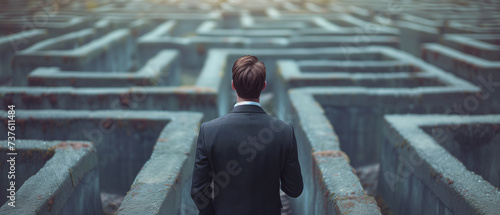 a focused entrepreneur navigating a challenging business maze, symbolizing determination in overcoming professional obstacles
