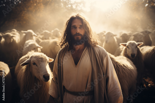 forgiving risen Jesus good shepherd, shepherd of souls, blesses his followers among his sheep, generative AI © Paulina