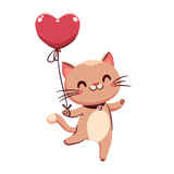 Mały rudy uśmiechnięty kot z balonem w kształcie serca. Ilustracja wektorowa.
