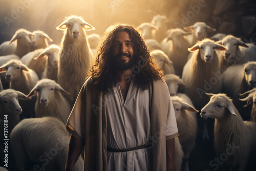 forgiving risen Jesus good shepherd, shepherd of souls, blesses his followers among his sheep, generative AI photo
