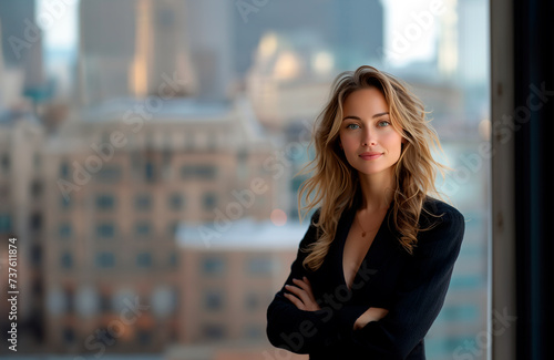 Elegant young woman in business attire confidently standing with a cityscape behind her. © ImagineStock