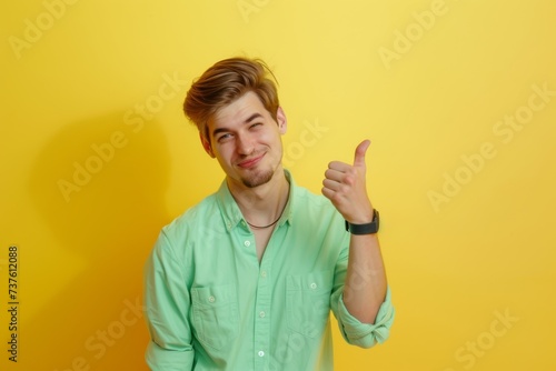 Confident Young Man in Green Shirt Giving Thumbs Up isolated on yellow Generative AI. © Lukasz Czajkowski