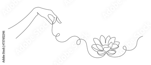 One continuous line drawing of lotus flower with hand. Minimalistic web banner and logo for wellness spa salon in simple linear style. Yoga studio in editable stroke. Doodle vector illustration
