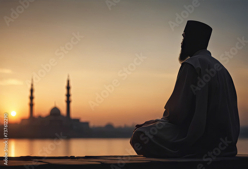 A Man is Sitting and Praying With a Sunset in the Background for Eid al-Fitr Background