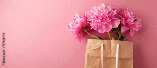 Beautiful pink peony bouquet in paper bag copy space background. AI generated image