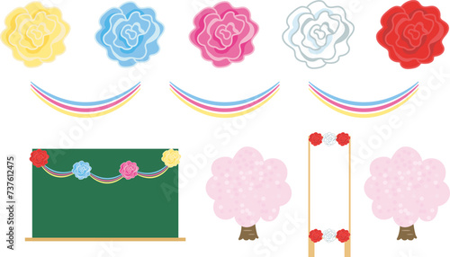 お花紙でつくった紙花と飾り付け、桜の木のベクターイラスト