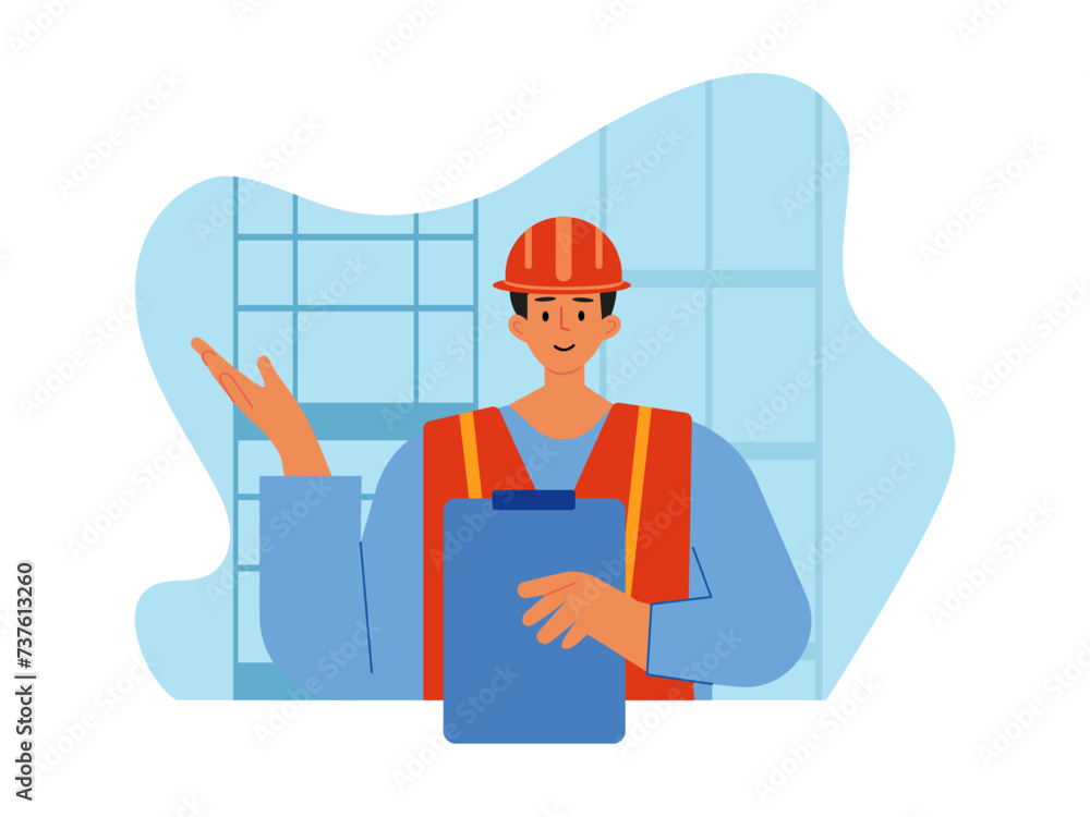 Builder looking architectural plan of project. Builder vector illustration. Builder looking architectural plan of project. Builder vector illustration.