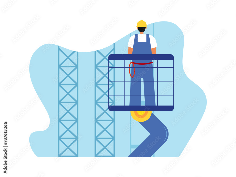 Obraz premium Worker working on construction site. Builder vector illustration.