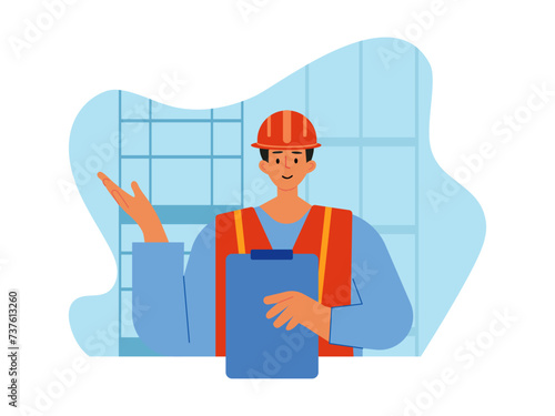 Builder looking architectural plan of project. Builder vector illustration.