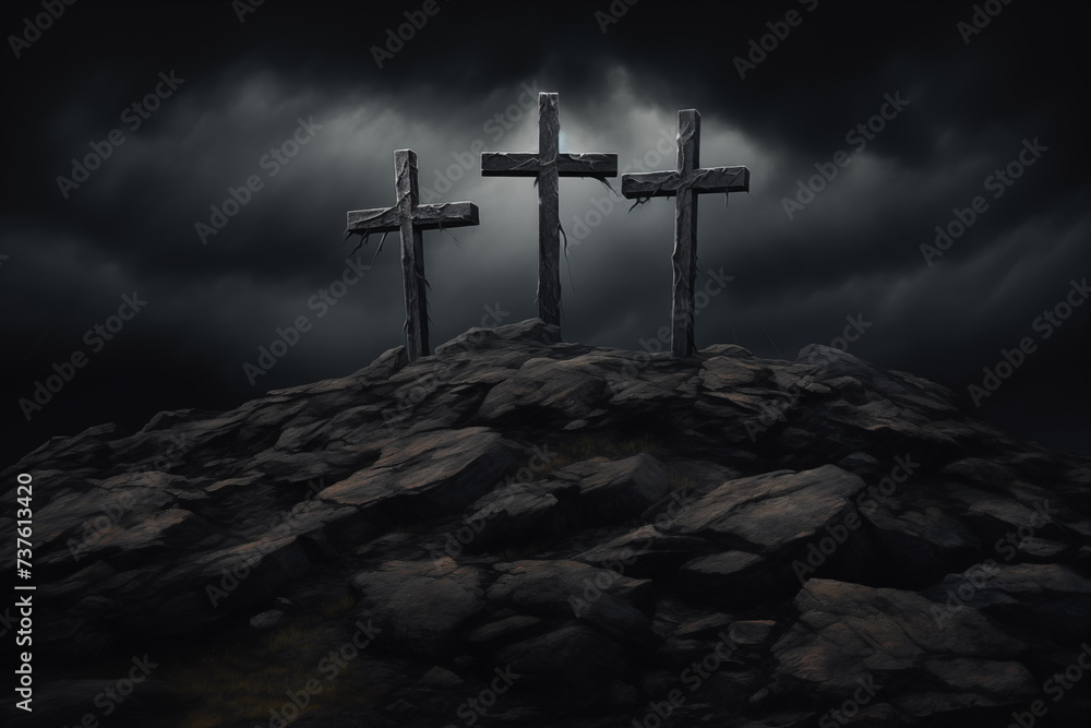 three crosses on the hill where Jesus Christ was crucified, dark postcard for Easter, generative AI - obrazy, fototapety, plakaty 
