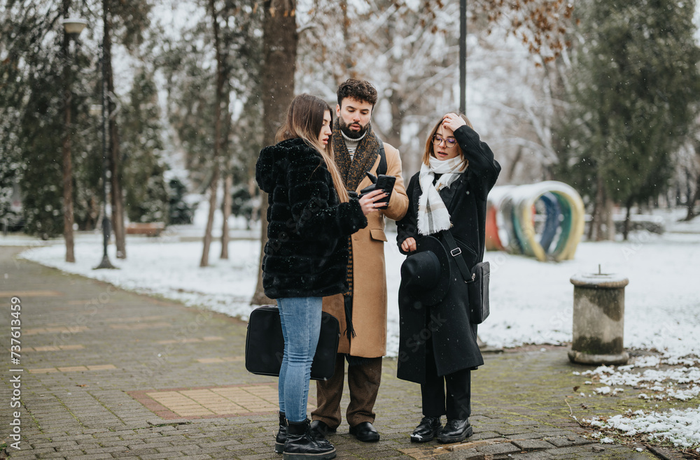 Young business team collaborating on a project in a snowy park setting. Young business team collaborating on a project in a snowy park setting.