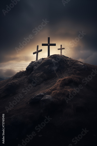 three crosses on the hill where Jesus Christ was crucified, dark postcard for Easter, generative AI