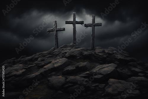 three crosses on the hill where Jesus Christ was crucified, dark postcard for Easter, generative AI