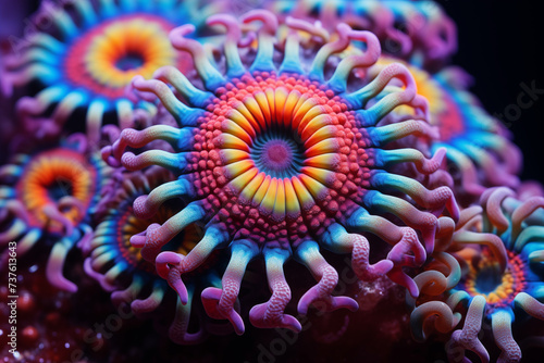 Beautiful macrophotography of colorful Zoanthid coral under actinic light
