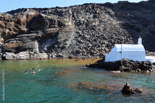 Santorini Hots Springs: A famous natural landmark on the small island of Palea Kameni in the santorini Caldera.