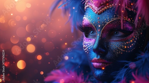 A sparkling abstract background for Mardi Gras or a carnival with masks in pink, blue, purple and gold colors. 