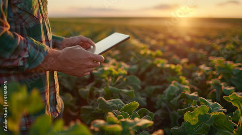 A farmer stands in a field at sunrise, managing crops with a tablet using advanced precision farm management software.. #737616845