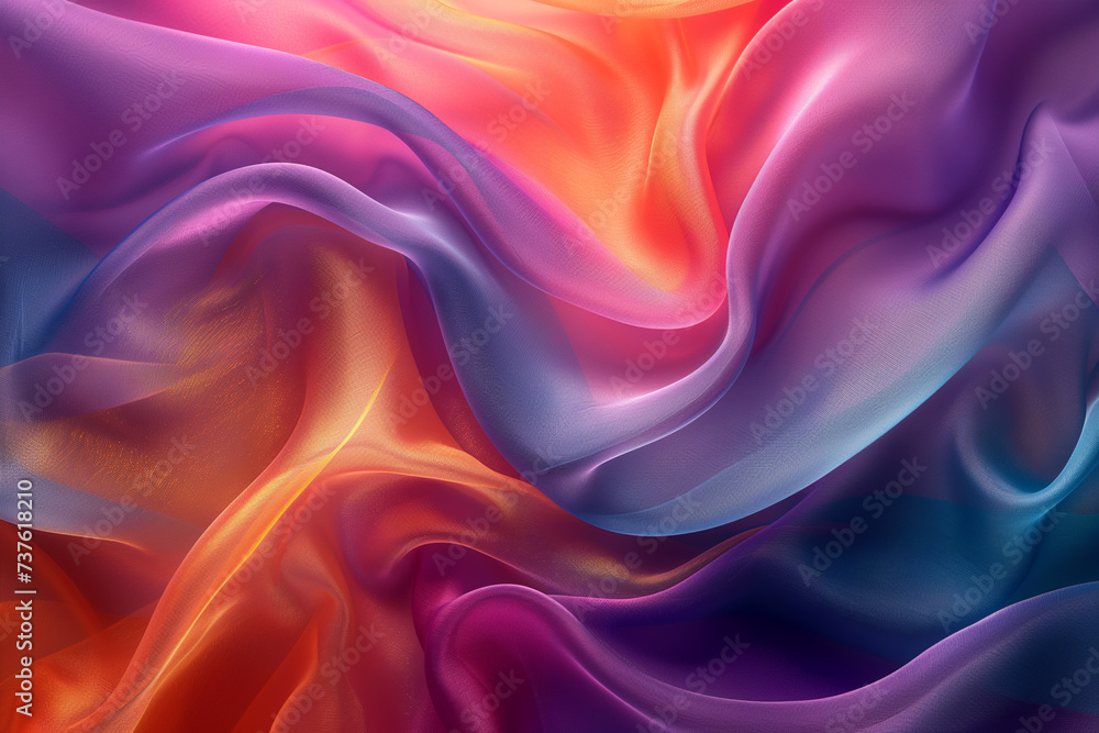 Obraz premium Wavy silk fabric background in orange, purple and blue colors.