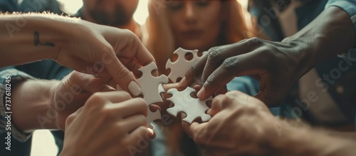 Portrait close up hands of multiracial team assembling white puzzle together. AI generated image photo