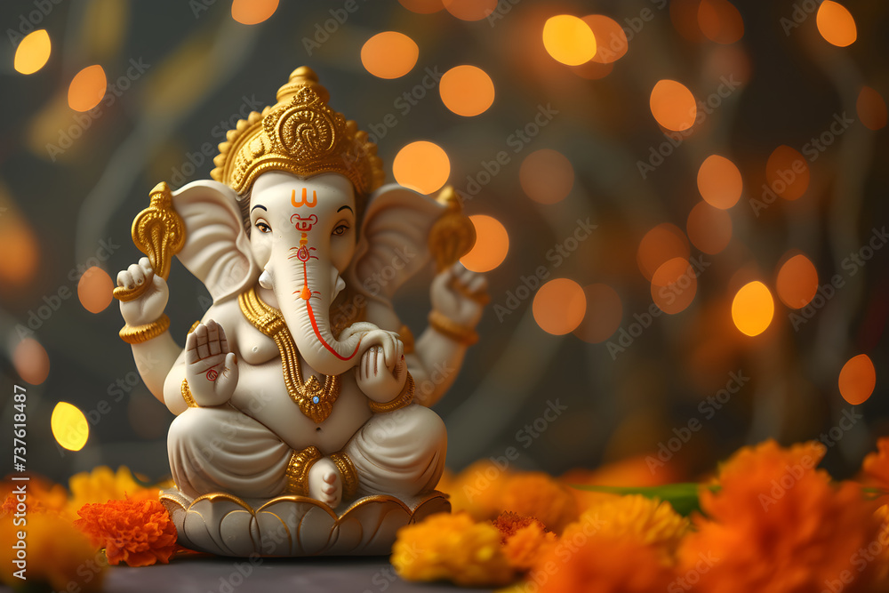 Ganesha statue on bokeh background with copy space. Lord Ganesha, Ganesh Chaturthi, Ugadi or Gudi Padwa celebration. Hindu religion and ethnic concept. Festival composition for banner, greeting card